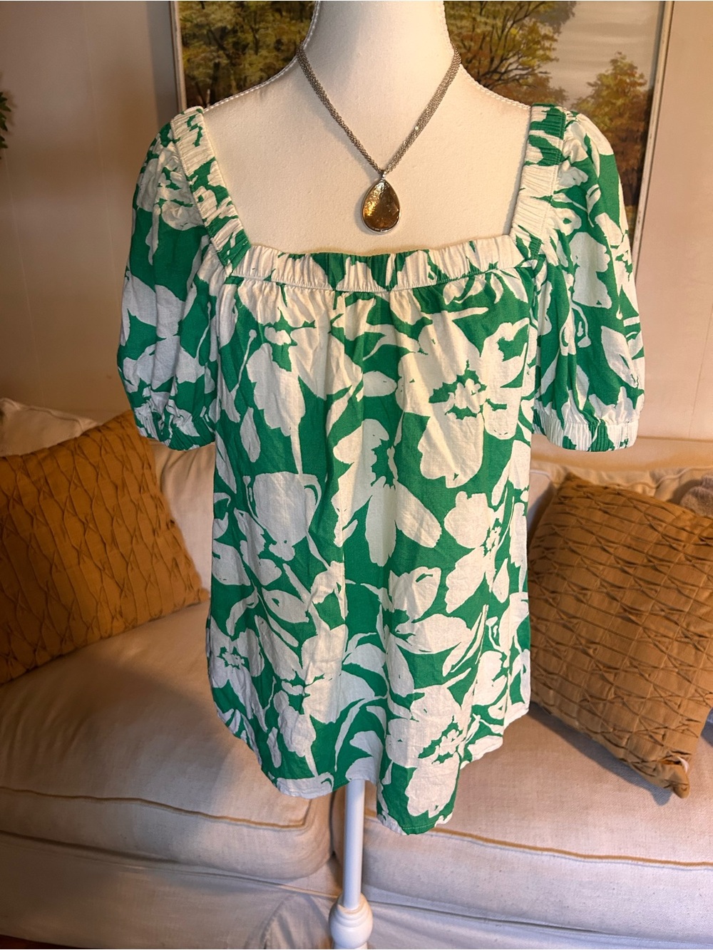 Sonoma Medium Tropical Floral Print Peasant Blouse Emerald Green  White Boho